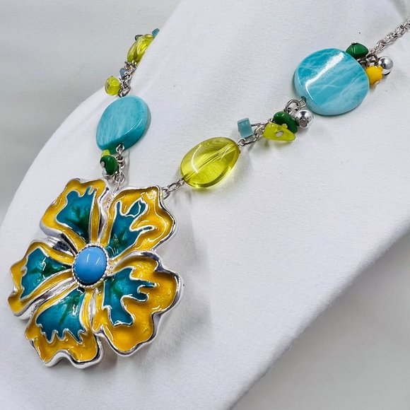 Golden Yellow & Turquoise Enameled Flower Pendant 16” Silver Toned Necklace - Picture 2 of 7